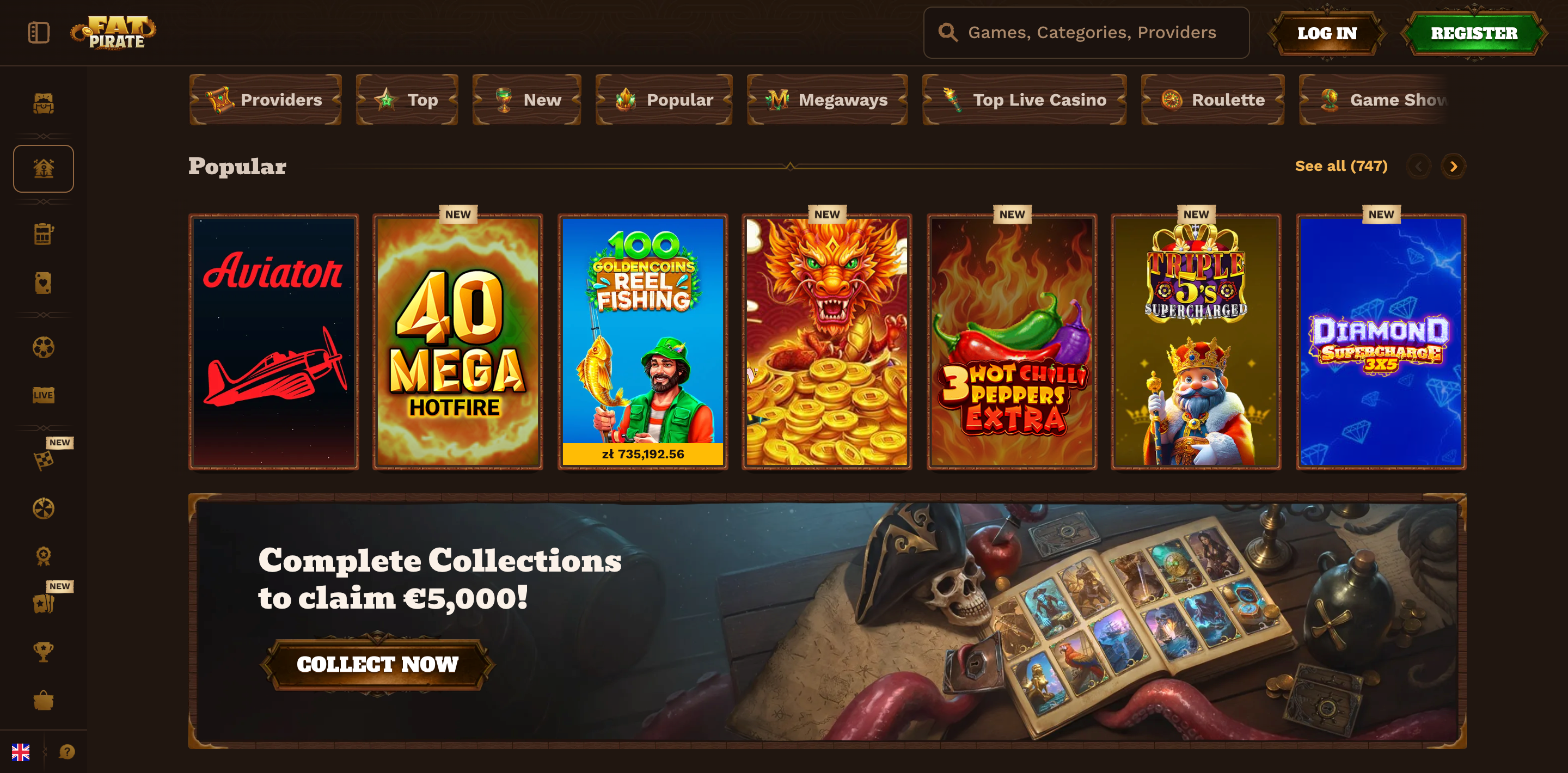 FatPirate Casino popular games lobby on desktop